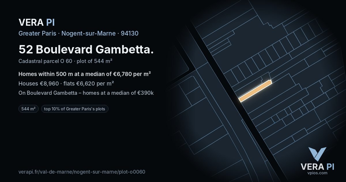 52 Boulevard Gambetta, Nogent-sur-Marne at night – the plot lit, the parcels around coloured by the prices near them