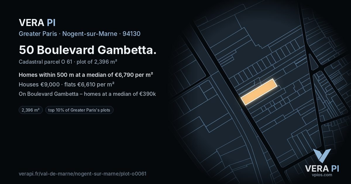 50 Boulevard Gambetta, Nogent-sur-Marne at night – the plot lit, the parcels around coloured by the prices near them