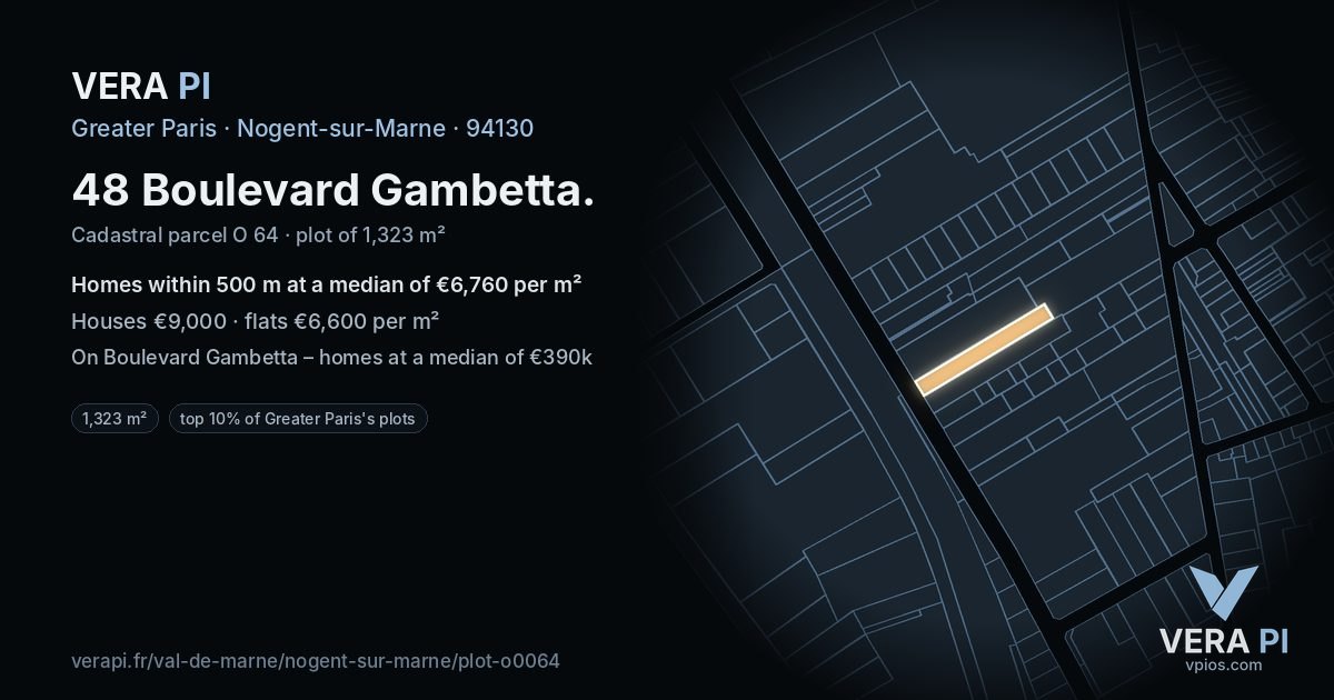 48 Boulevard Gambetta, Nogent-sur-Marne at night – the plot lit, the parcels around coloured by the prices near them