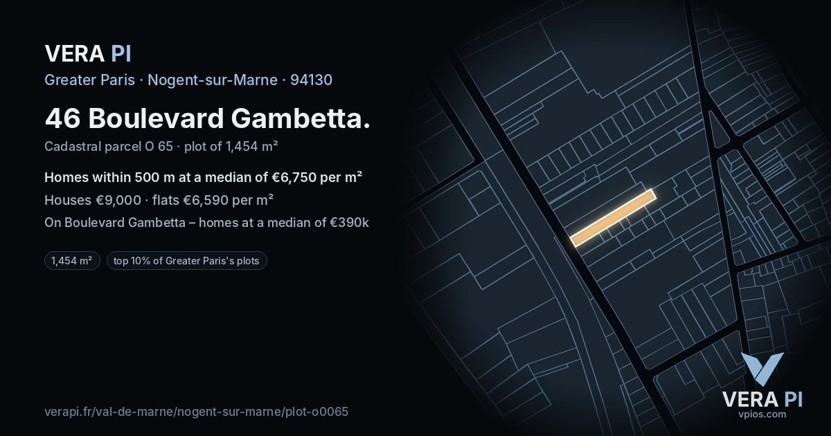 46 Boulevard Gambetta, Nogent-sur-Marne at night – the plot lit, the parcels around coloured by the prices near them