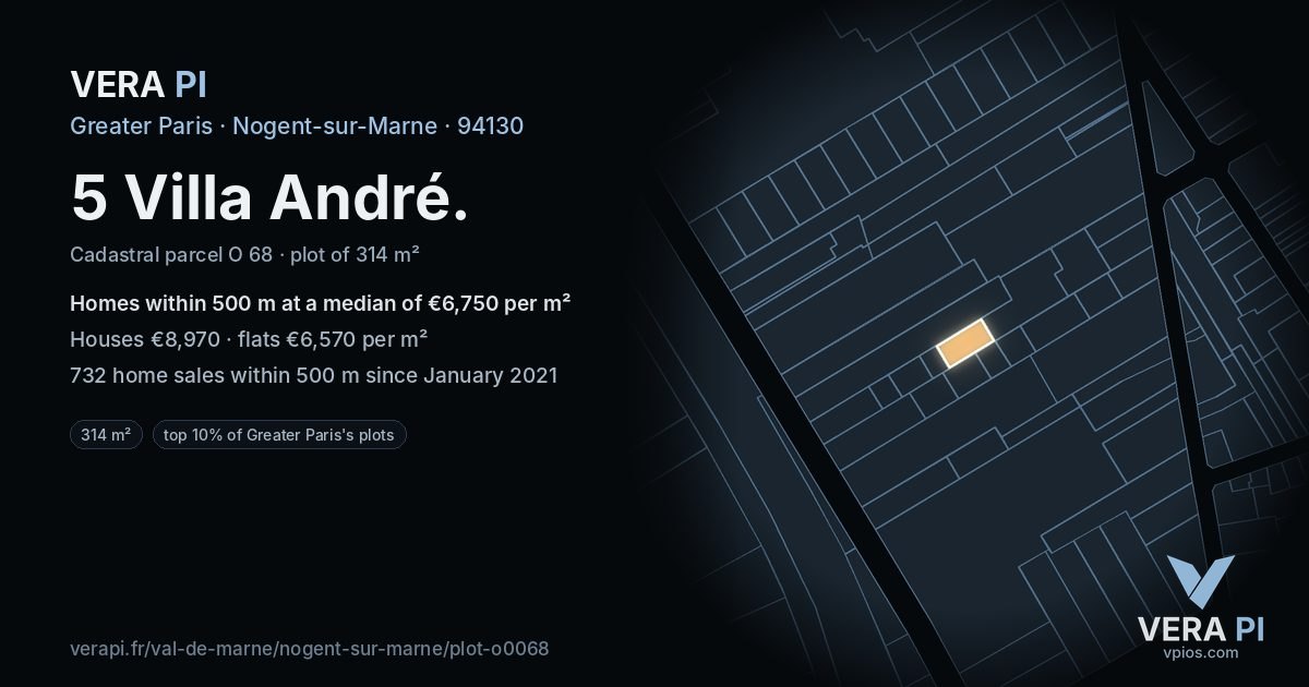 5 Villa André, Nogent-sur-Marne at night – the plot lit, the parcels around coloured by the prices near them
