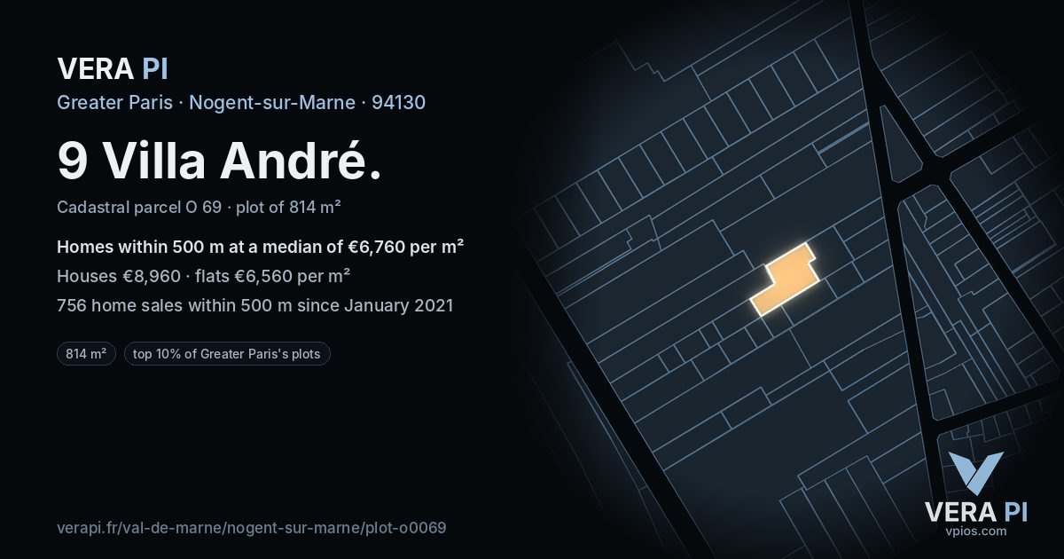 9 Villa André, Nogent-sur-Marne at night – the plot lit, the parcels around coloured by the prices near them