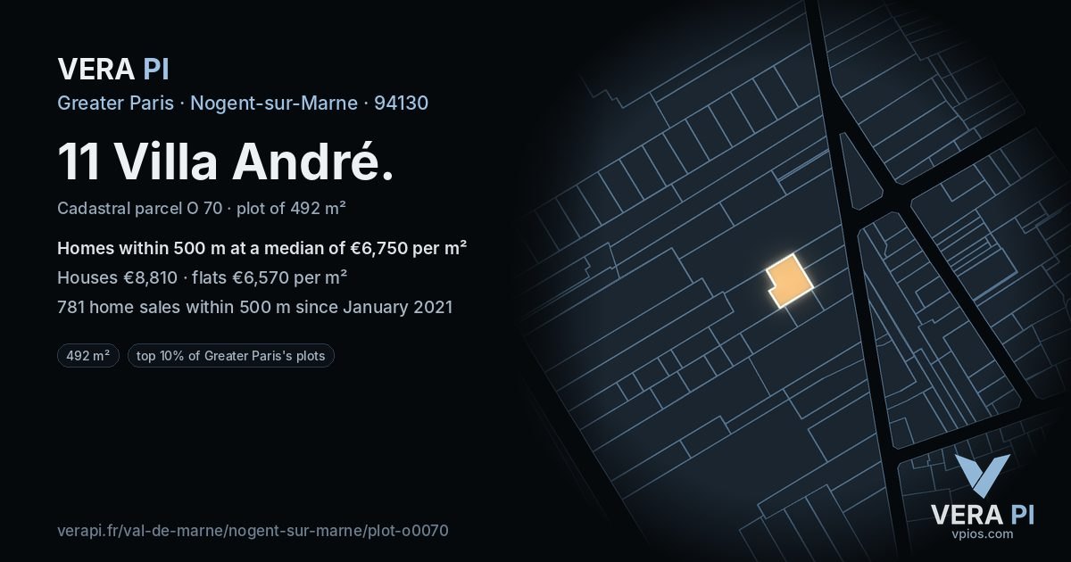 11 Villa André, Nogent-sur-Marne at night – the plot lit, the parcels around coloured by the prices near them