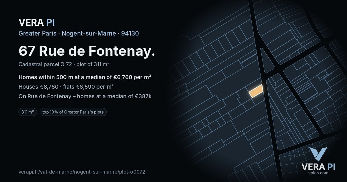 67 Rue de Fontenay, Nogent-sur-Marne at night – the plot lit, the parcels around coloured by the prices near them