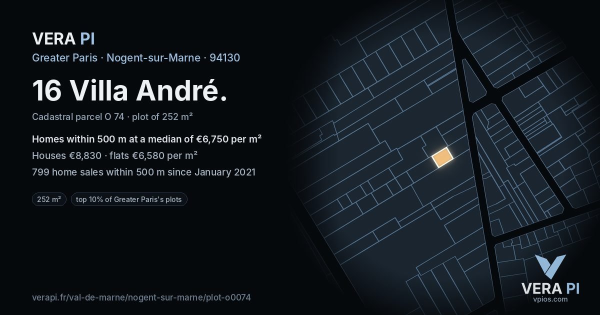 16 Villa André, Nogent-sur-Marne at night – the plot lit, the parcels around coloured by the prices near them