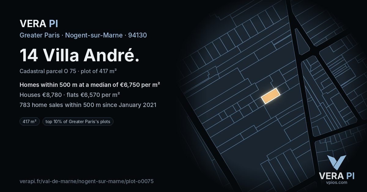 14 Villa André, Nogent-sur-Marne at night – the plot lit, the parcels around coloured by the prices near them