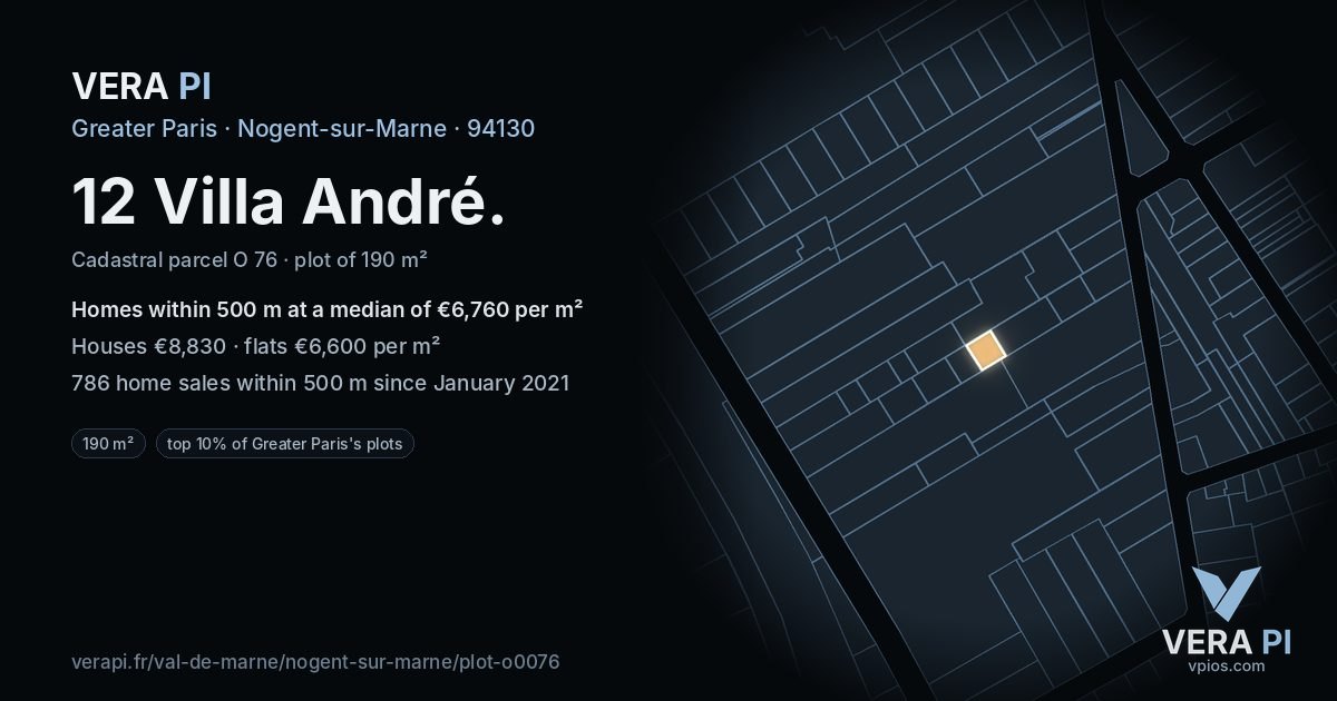 12 Villa André, Nogent-sur-Marne at night – the plot lit, the parcels around coloured by the prices near them