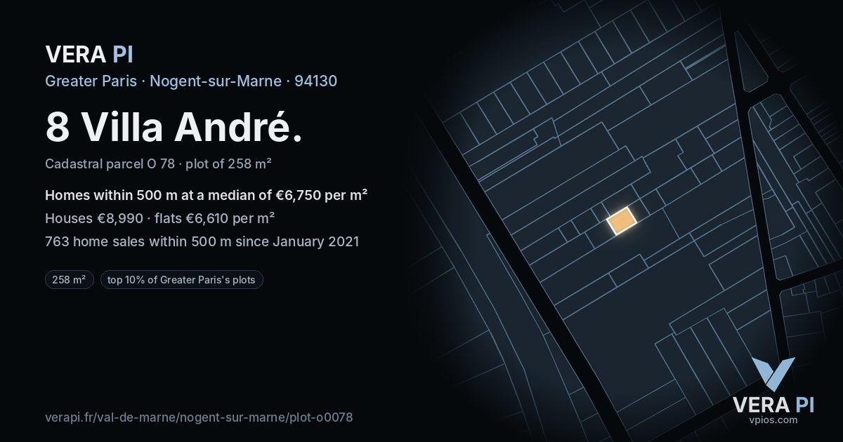 8 Villa André, Nogent-sur-Marne at night – the plot lit, the parcels around coloured by the prices near them