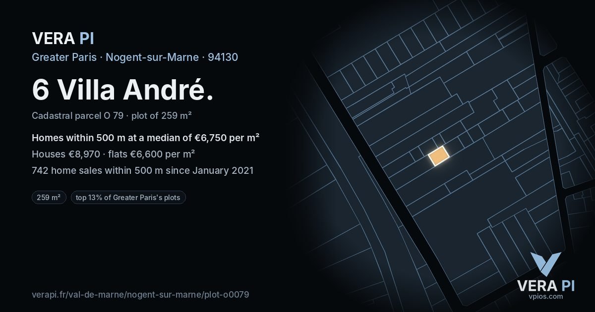 6 Villa André, Nogent-sur-Marne at night – the plot lit, the parcels around coloured by the prices near them