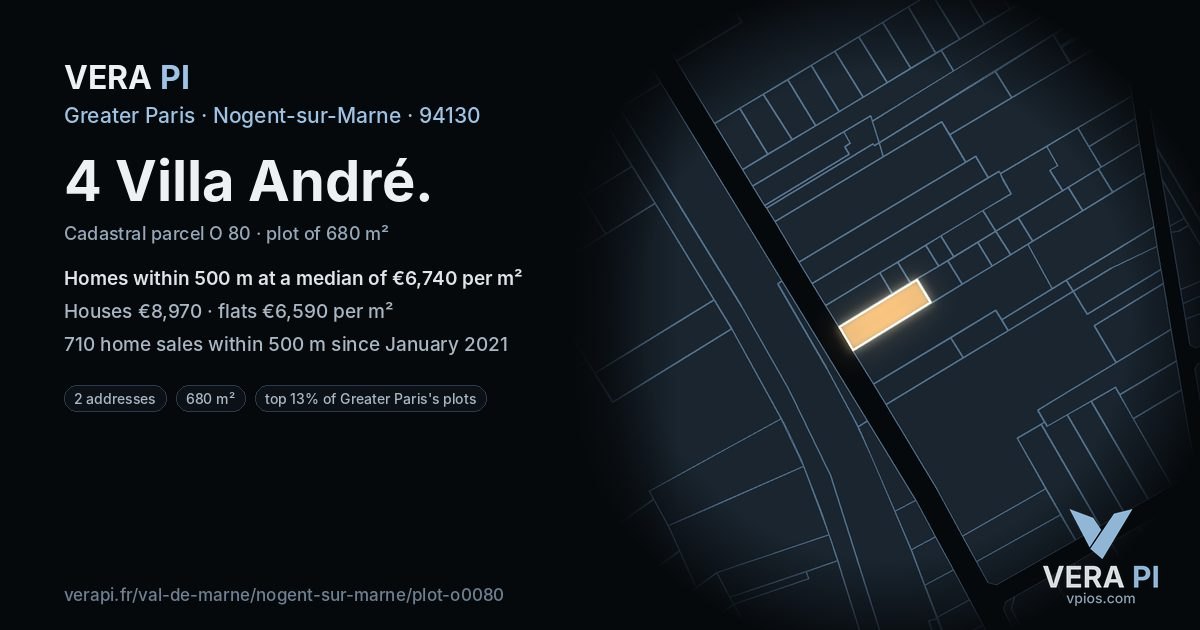 4 Villa André, Nogent-sur-Marne at night – the plot lit, the parcels around coloured by the prices near them