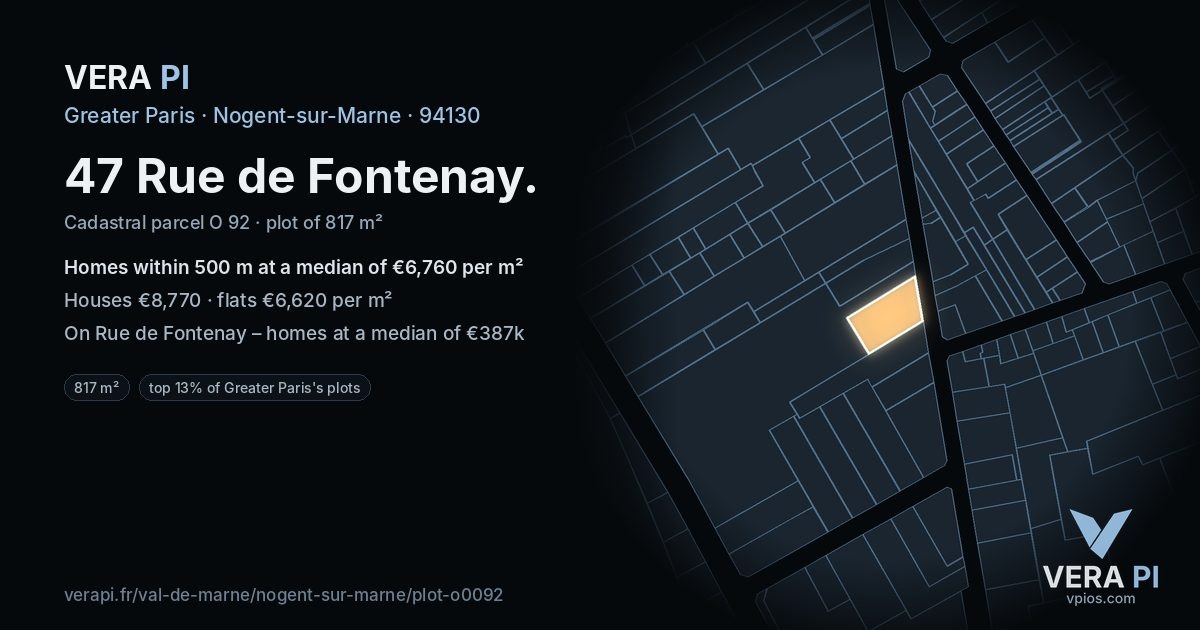 47 Rue de Fontenay, Nogent-sur-Marne at night – the plot lit, the parcels around coloured by the prices near them