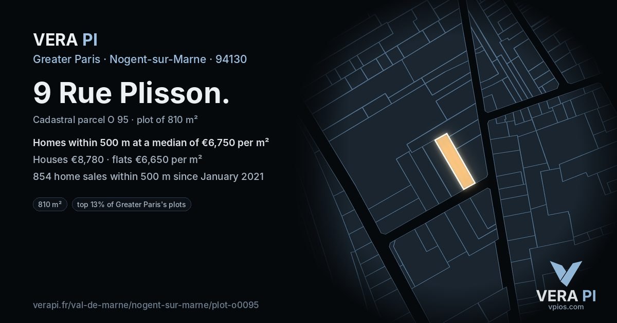 9 Rue Plisson, Nogent-sur-Marne at night – the plot lit, the parcels around coloured by the prices near them