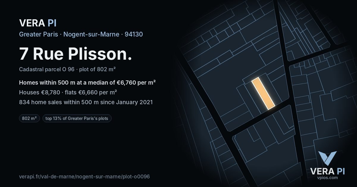 7 Rue Plisson, Nogent-sur-Marne at night – the plot lit, the parcels around coloured by the prices near them