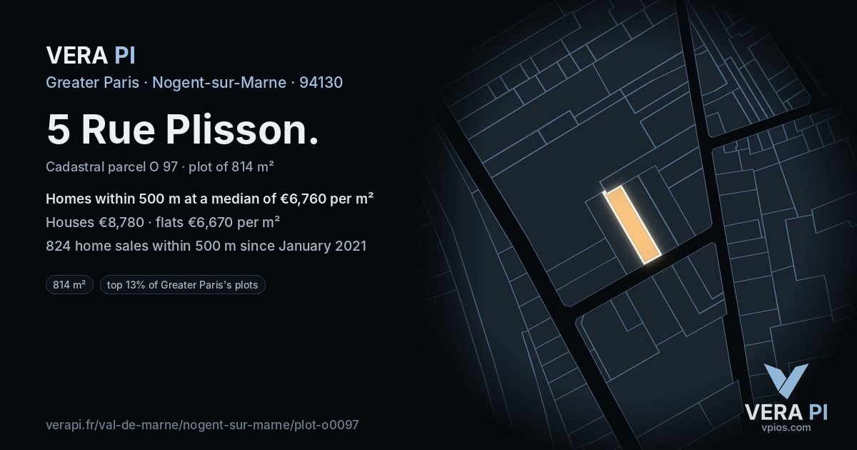 5 Rue Plisson, Nogent-sur-Marne at night – the plot lit, the parcels around coloured by the prices near them