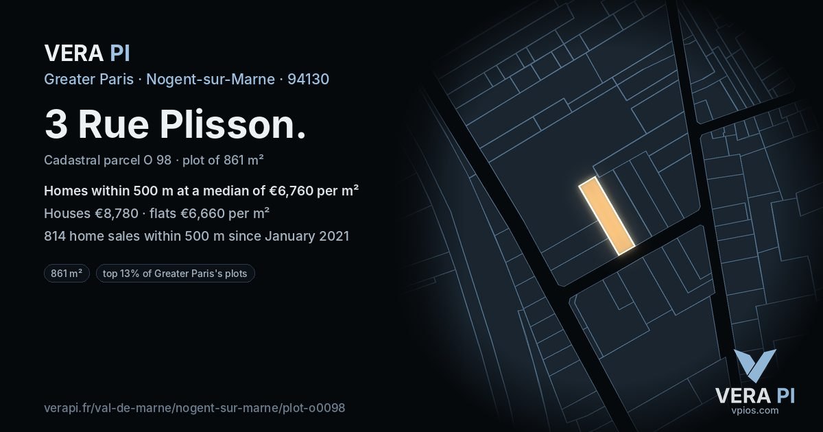 3 Rue Plisson, Nogent-sur-Marne at night – the plot lit, the parcels around coloured by the prices near them