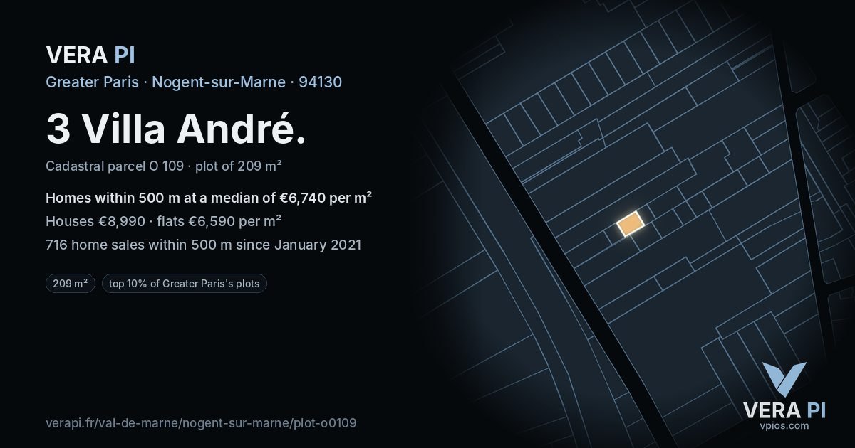 3 Villa André, Nogent-sur-Marne at night – the plot lit, the parcels around coloured by the prices near them
