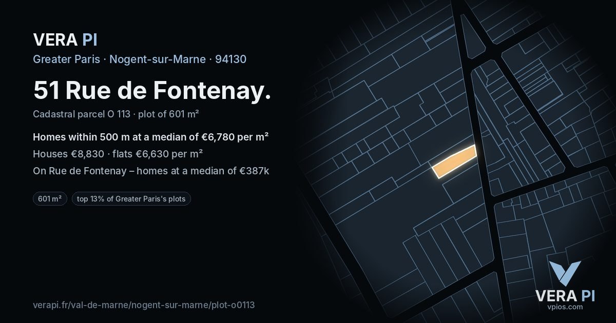 51 Rue de Fontenay, Nogent-sur-Marne at night – the plot lit, the parcels around coloured by the prices near them