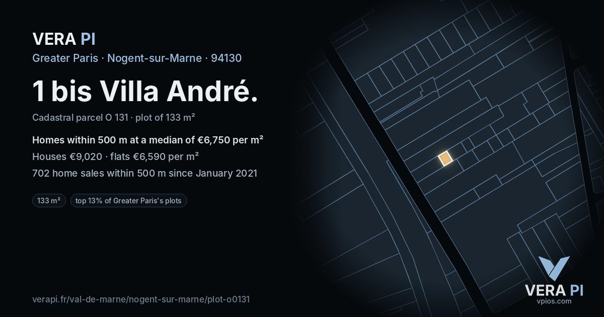 1 bis Villa André, Nogent-sur-Marne at night – the plot lit, the parcels around coloured by the prices near them