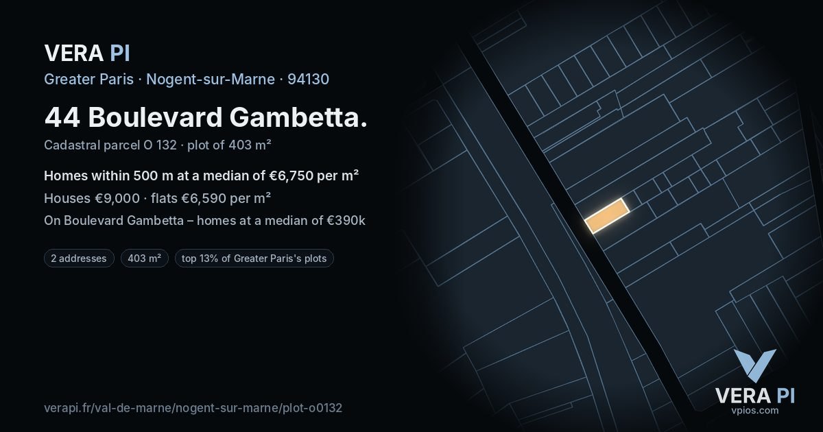 44 Boulevard Gambetta, Nogent-sur-Marne at night – the plot lit, the parcels around coloured by the prices near them