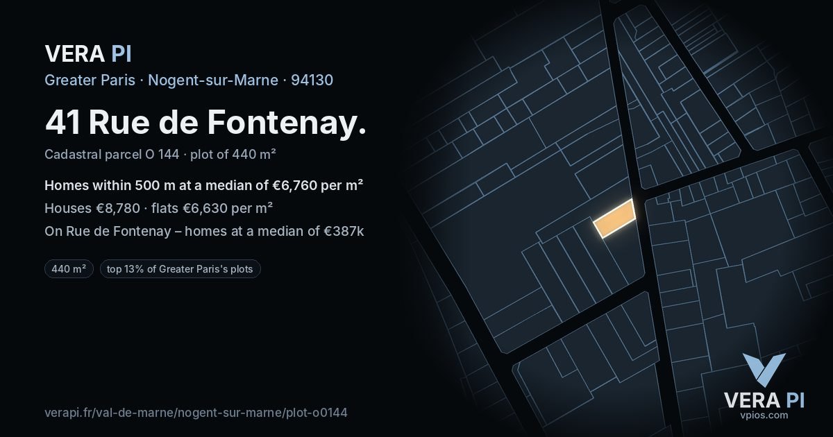 41 Rue de Fontenay, Nogent-sur-Marne at night – the plot lit, the parcels around coloured by the prices near them