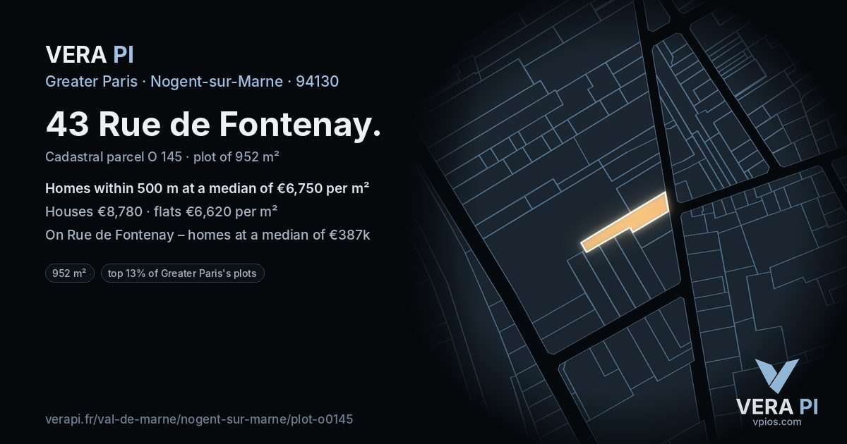 43 Rue de Fontenay, Nogent-sur-Marne at night – the plot lit, the parcels around coloured by the prices near them