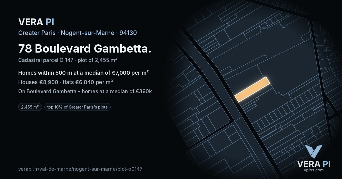 78 Boulevard Gambetta, Nogent-sur-Marne at night – the plot lit, the parcels around coloured by the prices near them