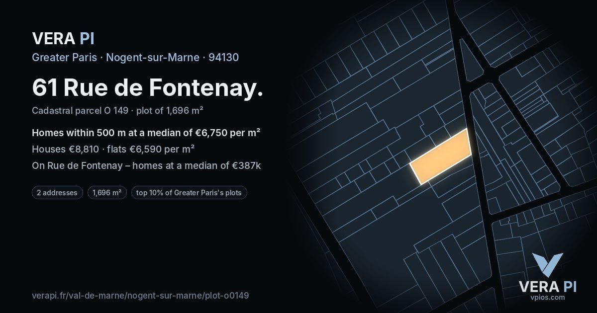 61 Rue de Fontenay, Nogent-sur-Marne at night – the plot lit, the parcels around coloured by the prices near them