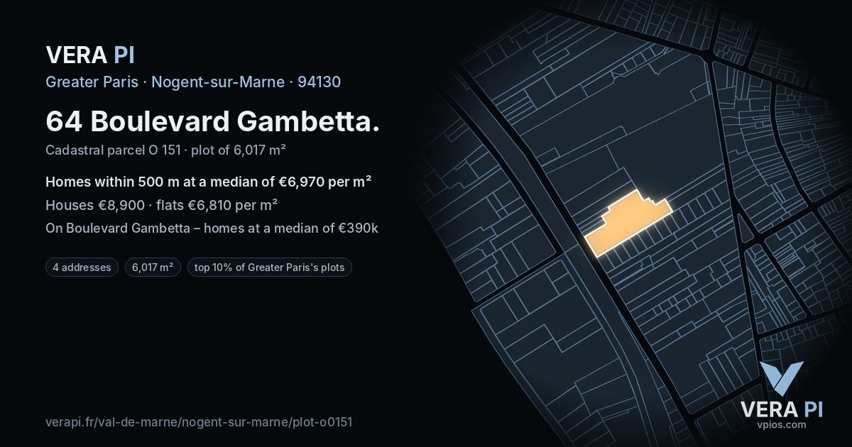 64 Boulevard Gambetta, Nogent-sur-Marne at night – the plot lit, the parcels around coloured by the prices near them
