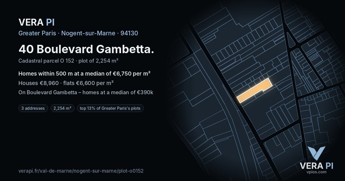 40 Boulevard Gambetta, Nogent-sur-Marne at night – the plot lit, the parcels around coloured by the prices near them