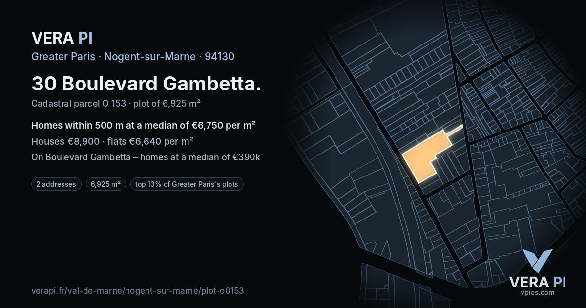 30 Boulevard Gambetta, Nogent-sur-Marne at night – the plot lit, the parcels around coloured by the prices near them