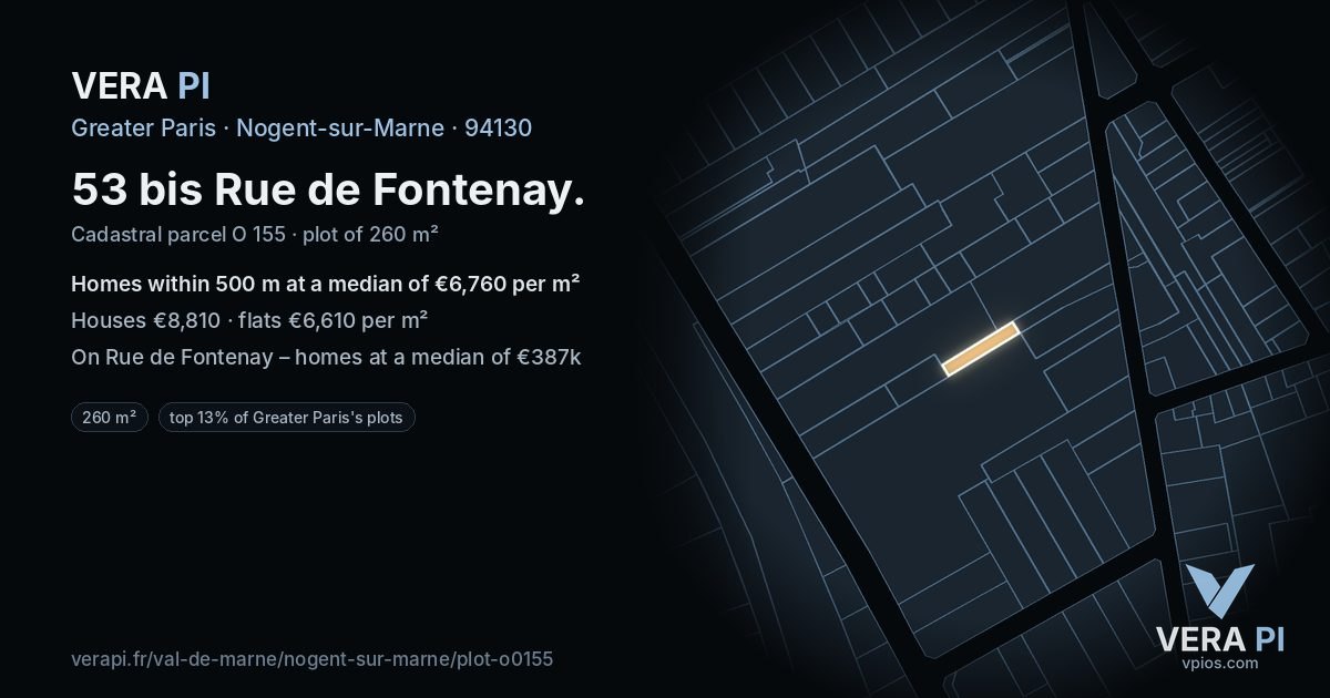 53 bis Rue de Fontenay, Nogent-sur-Marne at night – the plot lit, the parcels around coloured by the prices near them