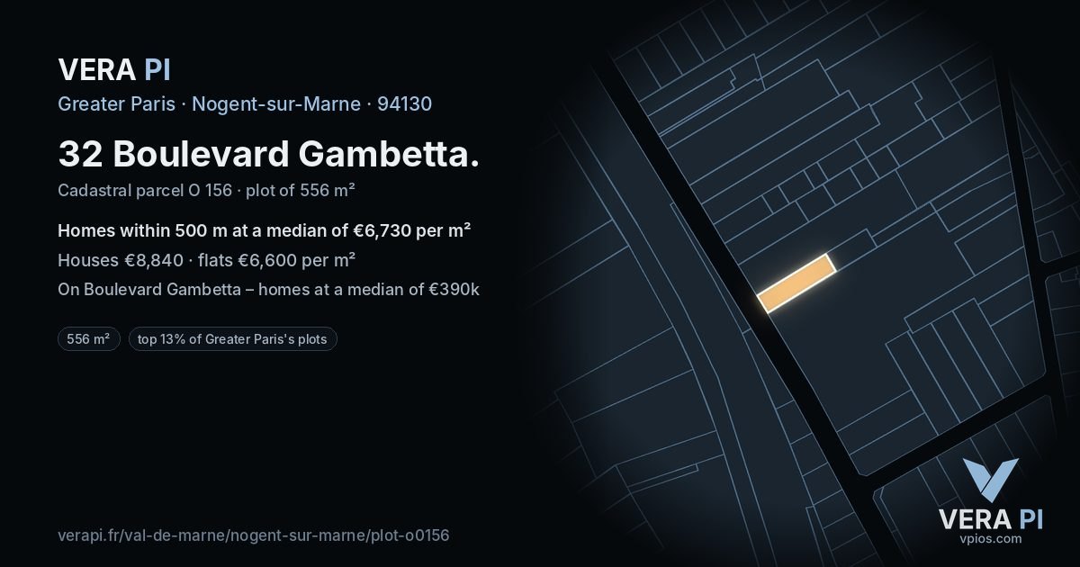 32 Boulevard Gambetta, Nogent-sur-Marne at night – the plot lit, the parcels around coloured by the prices near them