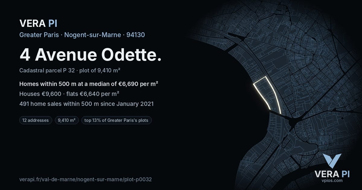 4 Avenue Odette, Nogent-sur-Marne at night – the plot lit, the parcels around coloured by the prices near them