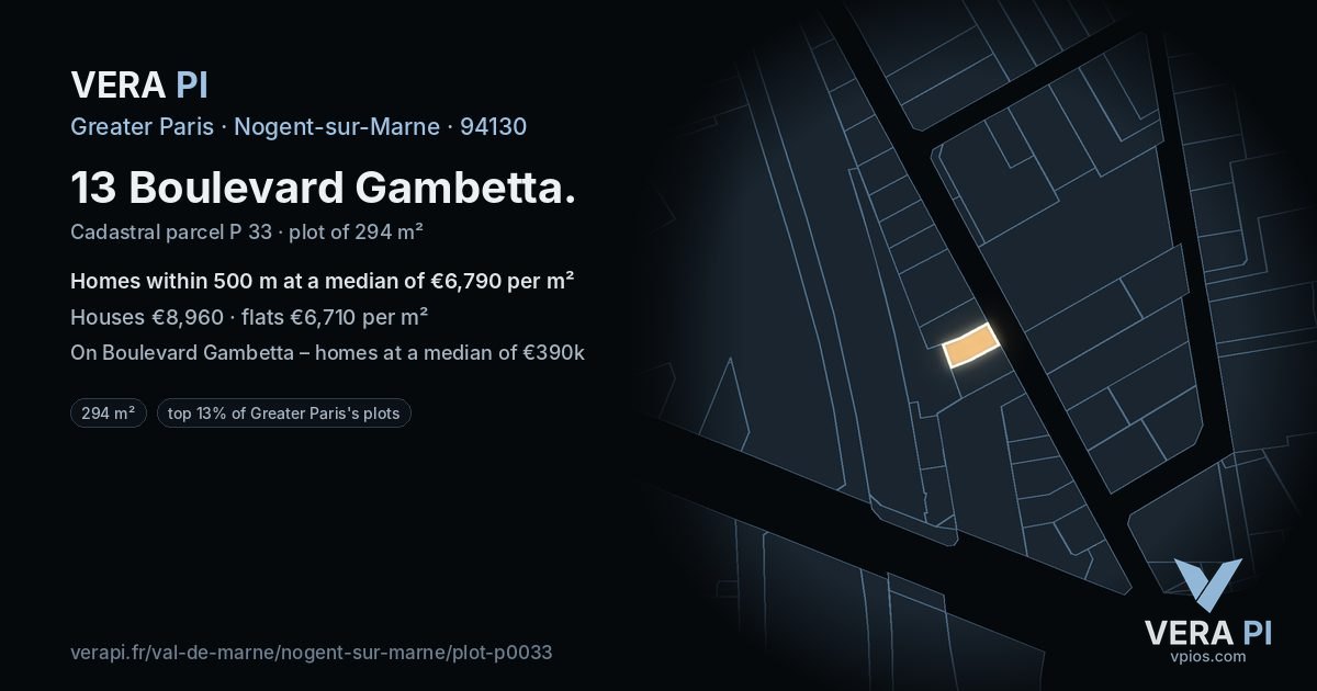 13 Boulevard Gambetta, Nogent-sur-Marne at night – the plot lit, the parcels around coloured by the prices near them