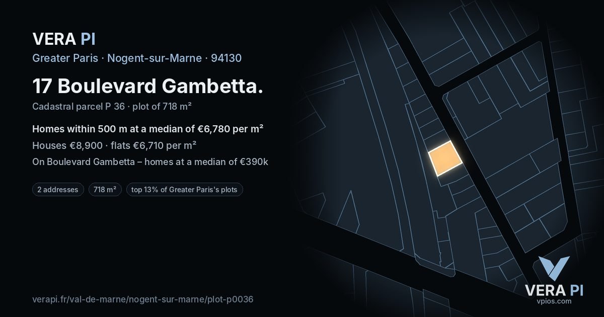 17 Boulevard Gambetta, Nogent-sur-Marne at night – the plot lit, the parcels around coloured by the prices near them