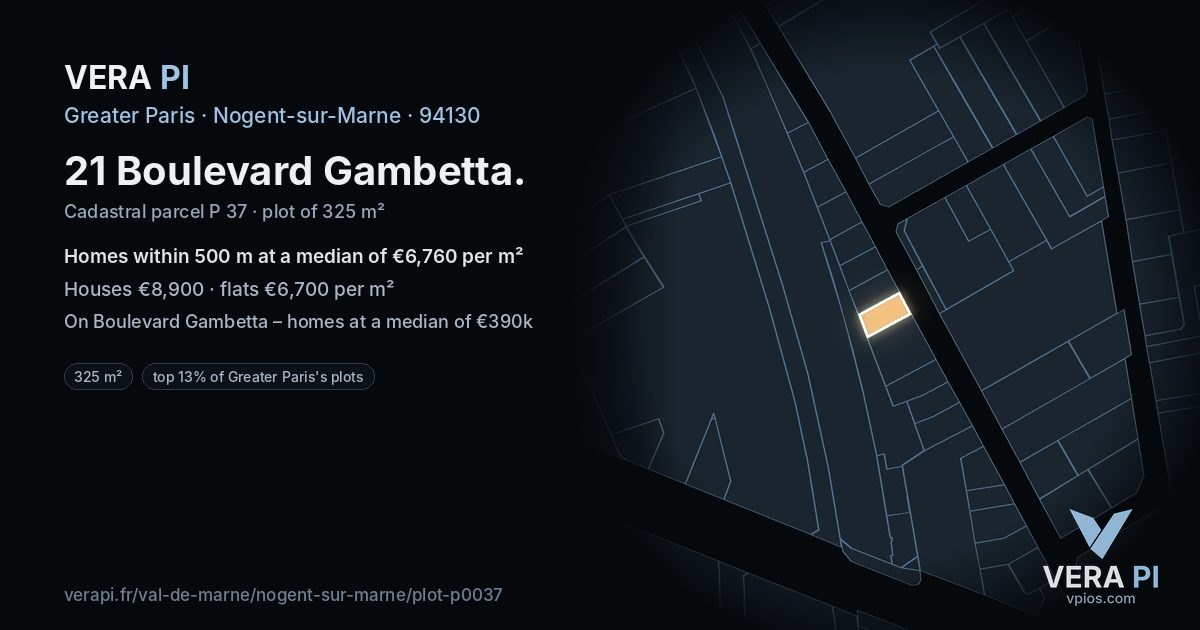 21 Boulevard Gambetta, Nogent-sur-Marne at night – the plot lit, the parcels around coloured by the prices near them