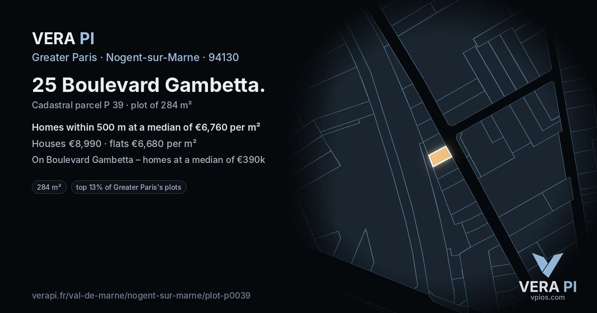 25 Boulevard Gambetta, Nogent-sur-Marne at night – the plot lit, the parcels around coloured by the prices near them