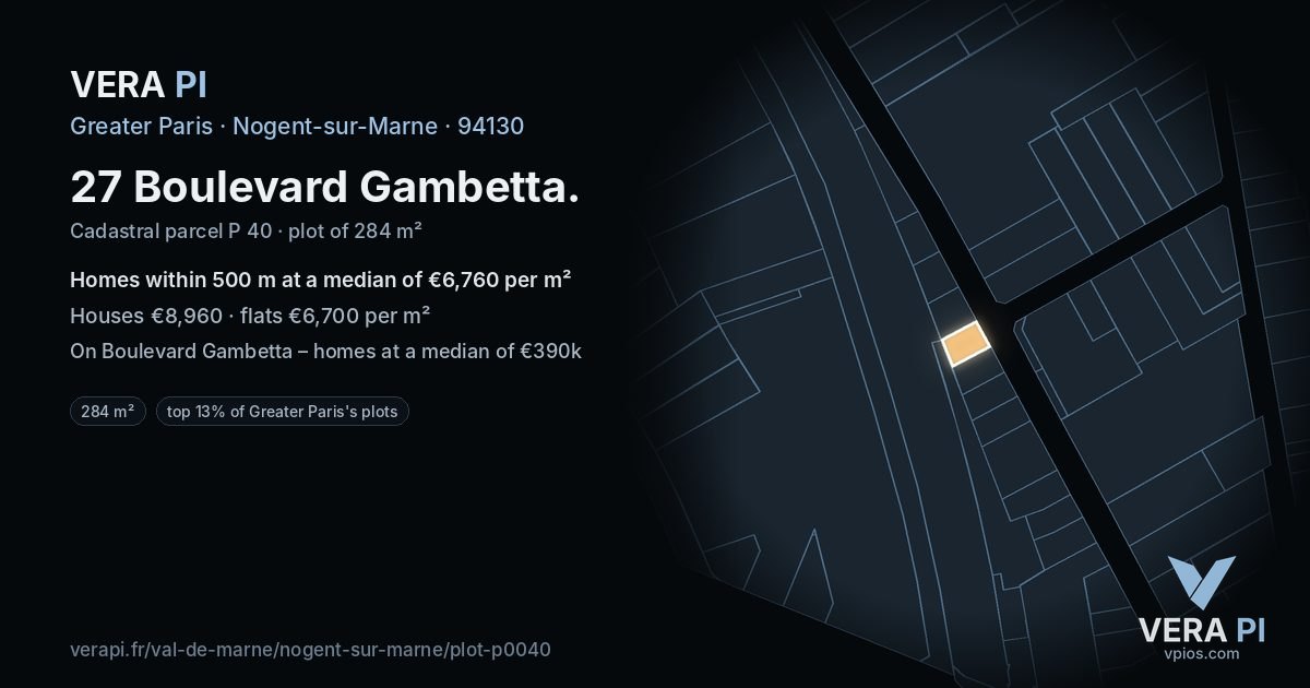 27 Boulevard Gambetta, Nogent-sur-Marne at night – the plot lit, the parcels around coloured by the prices near them
