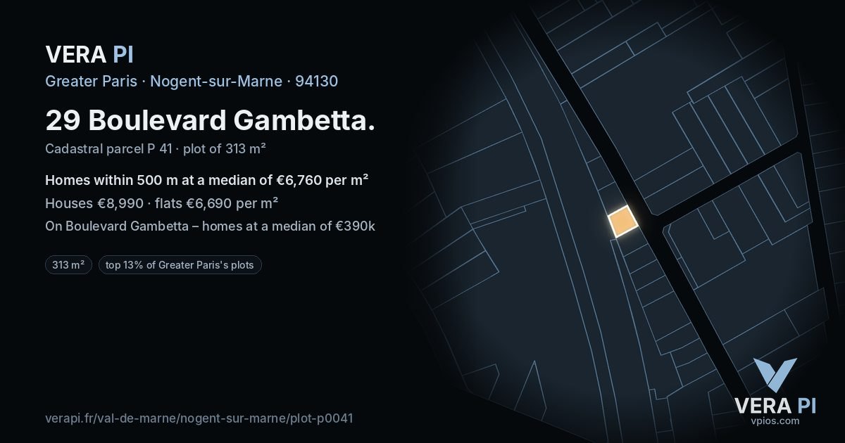 29 Boulevard Gambetta, Nogent-sur-Marne at night – the plot lit, the parcels around coloured by the prices near them