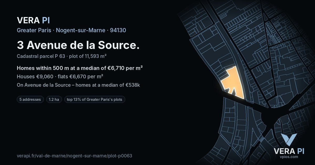 3 Avenue de la Source, Nogent-sur-Marne at night – the plot lit, the parcels around coloured by the prices near them