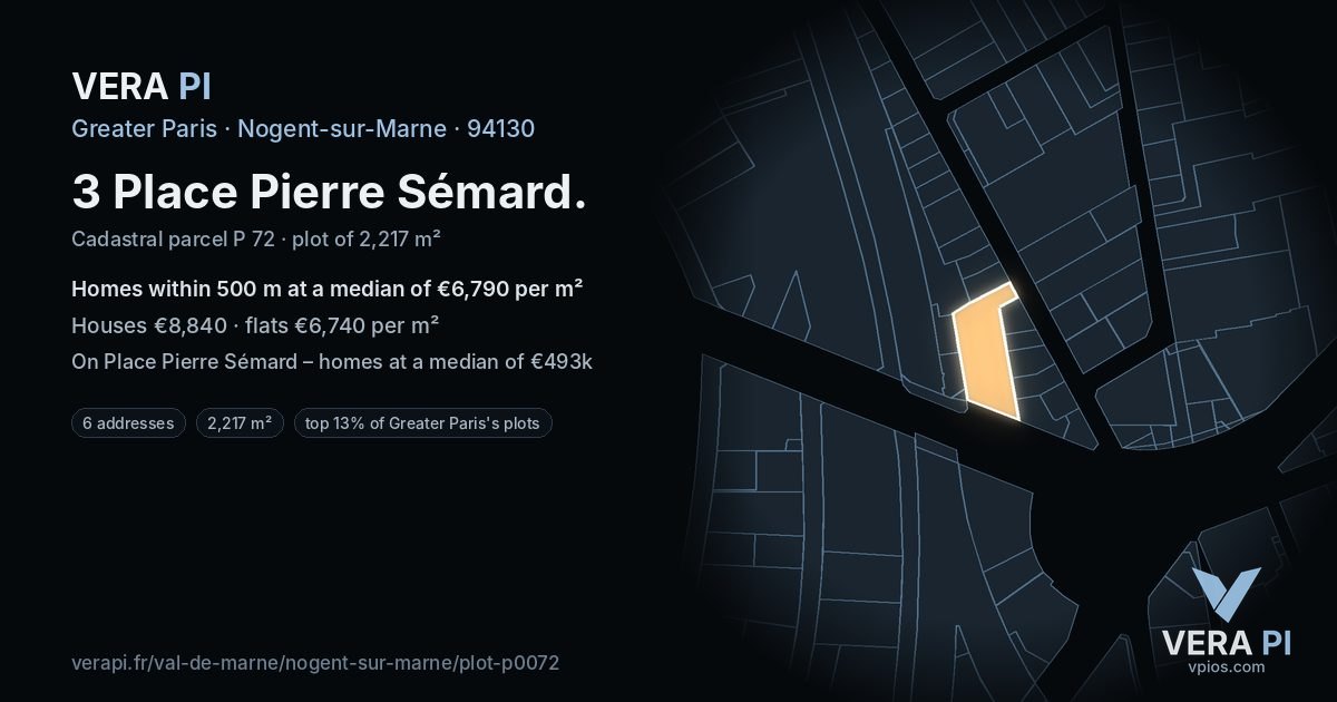 3 Place Pierre Sémard, Nogent-sur-Marne at night – the plot lit, the parcels around coloured by the prices near them