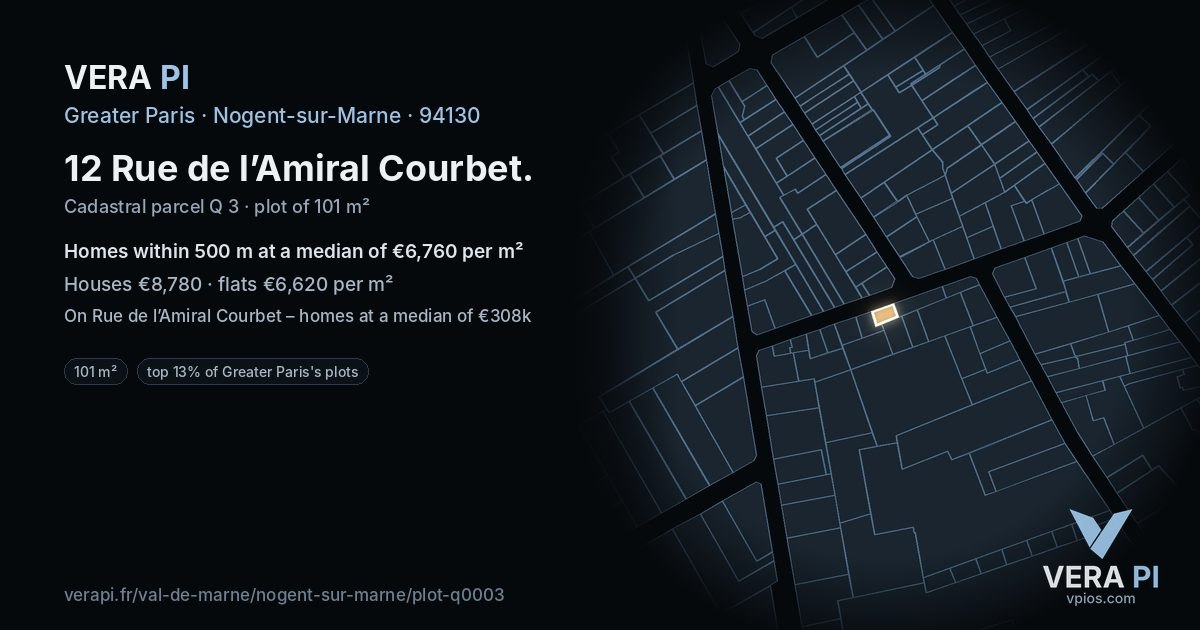 12 Rue de l’Amiral Courbet, Nogent-sur-Marne at night – the plot lit, the parcels around coloured by the prices near them