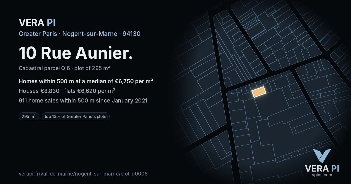 10 Rue Aunier, Nogent-sur-Marne at night – the plot lit, the parcels around coloured by the prices near them