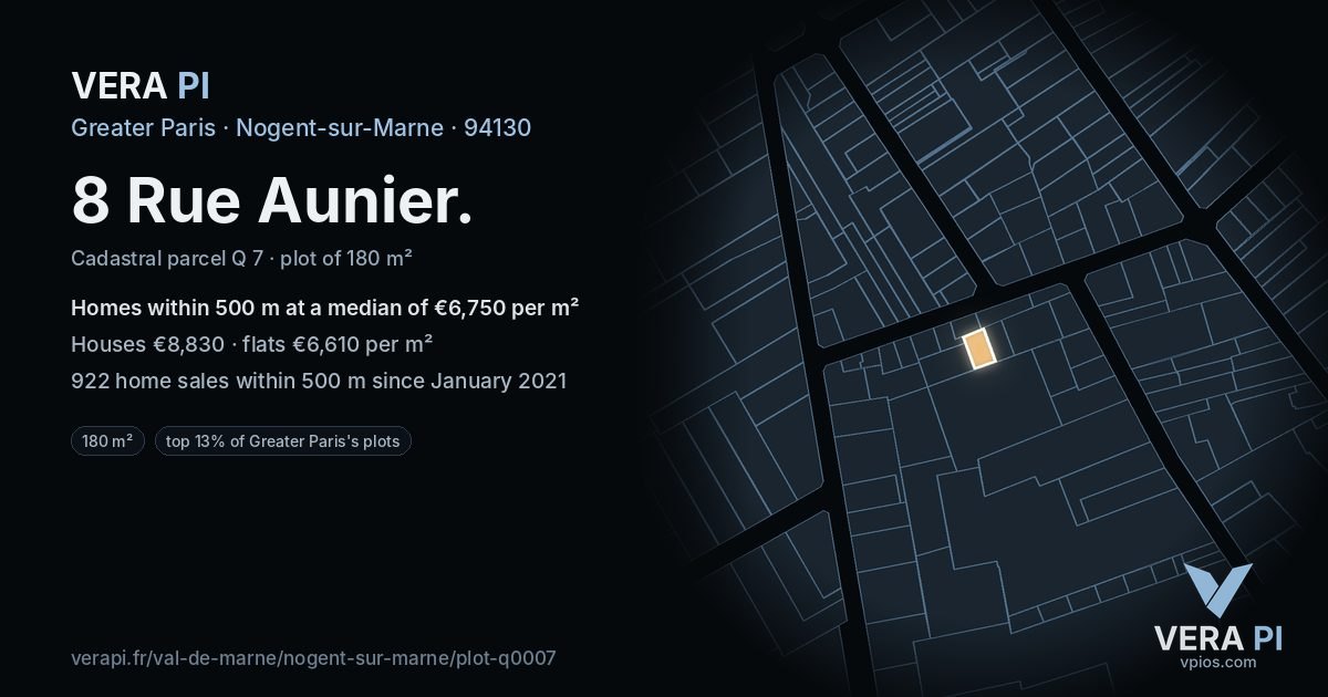 8 Rue Aunier, Nogent-sur-Marne at night – the plot lit, the parcels around coloured by the prices near them