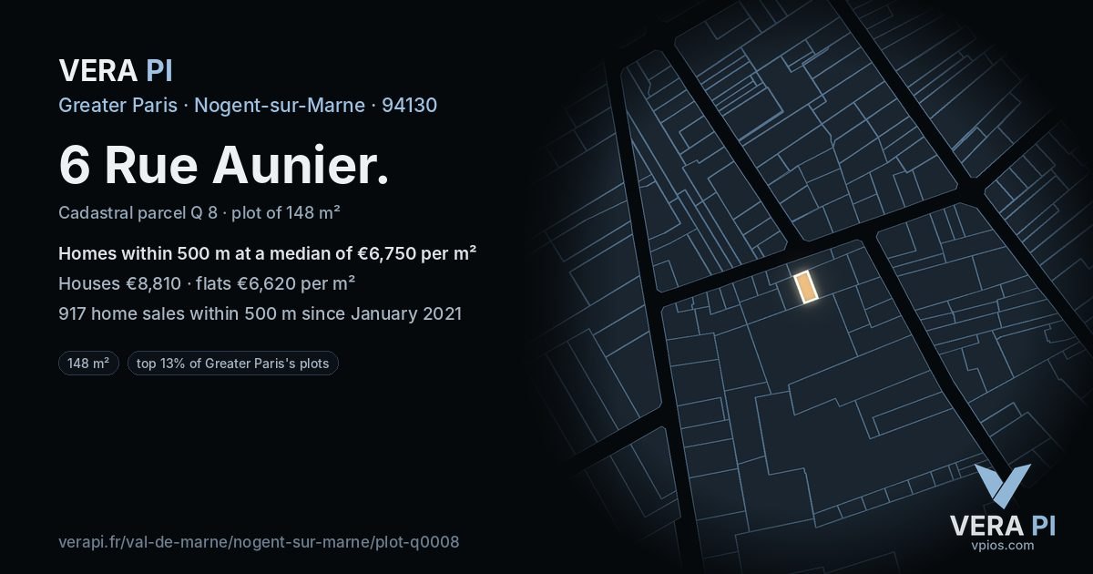 6 Rue Aunier, Nogent-sur-Marne at night – the plot lit, the parcels around coloured by the prices near them