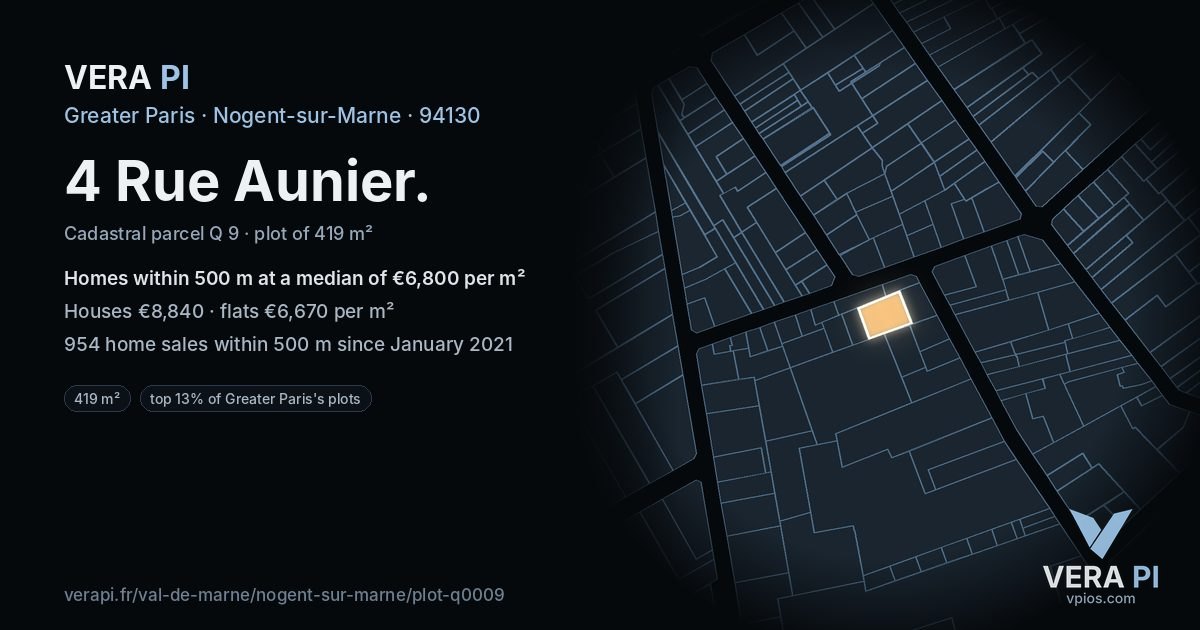 4 Rue Aunier, Nogent-sur-Marne at night – the plot lit, the parcels around coloured by the prices near them
