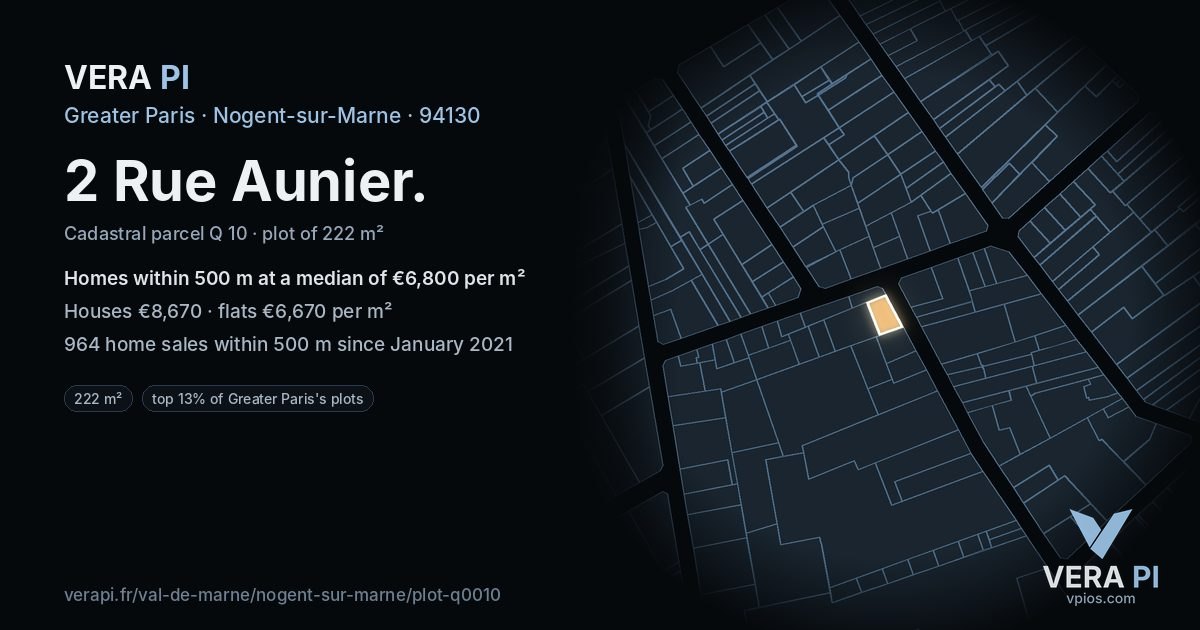 2 Rue Aunier, Nogent-sur-Marne at night – the plot lit, the parcels around coloured by the prices near them