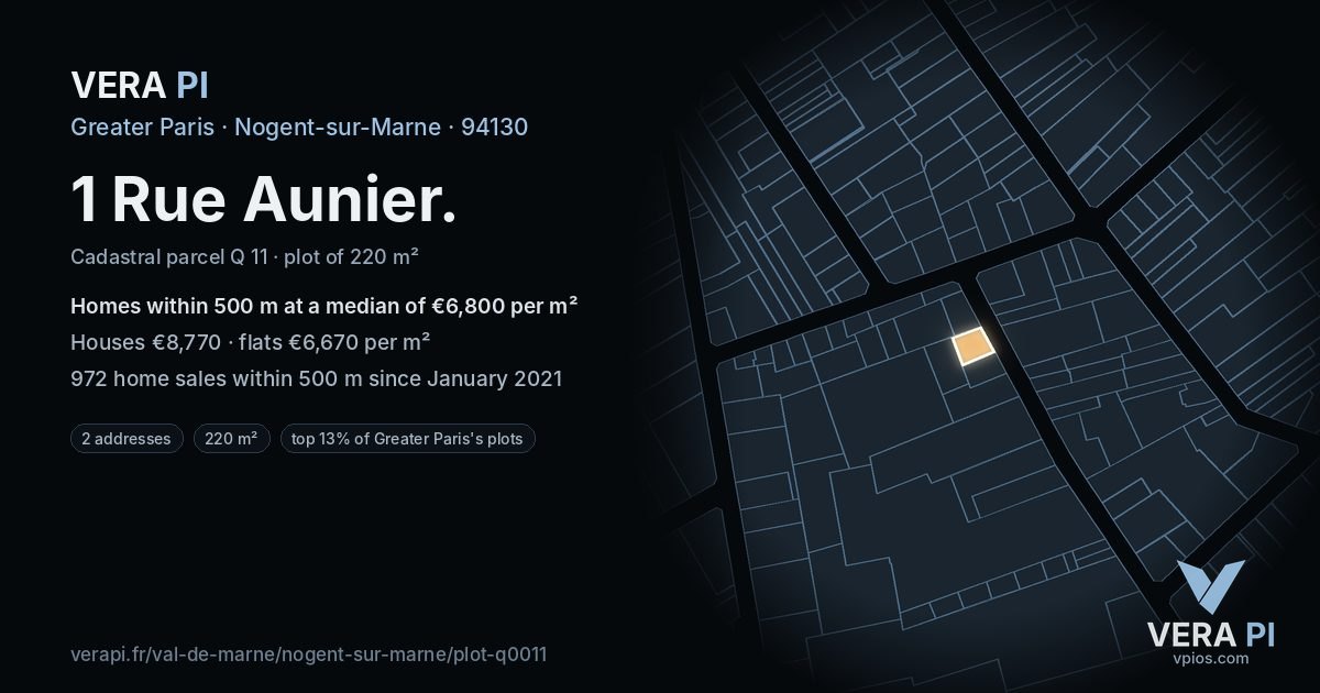 1 Rue Aunier, Nogent-sur-Marne at night – the plot lit, the parcels around coloured by the prices near them