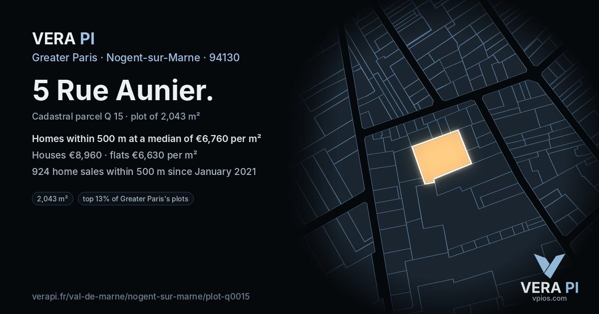 5 Rue Aunier, Nogent-sur-Marne at night – the plot lit, the parcels around coloured by the prices near them