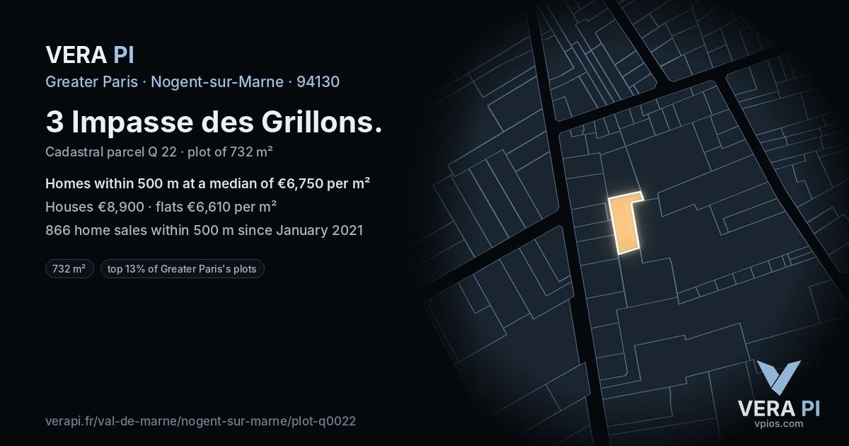 3 Impasse des Grillons, Nogent-sur-Marne at night – the plot lit, the parcels around coloured by the prices near them